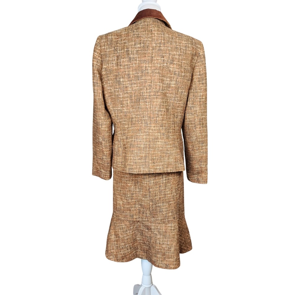 Le Suit 2pc Tweed Skirt Suit Set Women 14 Brown Rust Velvet Business Office Work - Picture 2 of 16